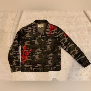 Pilcro Anthropologie camo jacket with floral embroidery